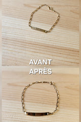 Avant après agrandissement et polissage d'une gourmette gravée en or par Atelier Moja Bijoux