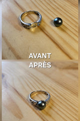 Avant après réparation d'une bague avec remise en place d'une perle de Tahiti par Atelier Moja Bijoux