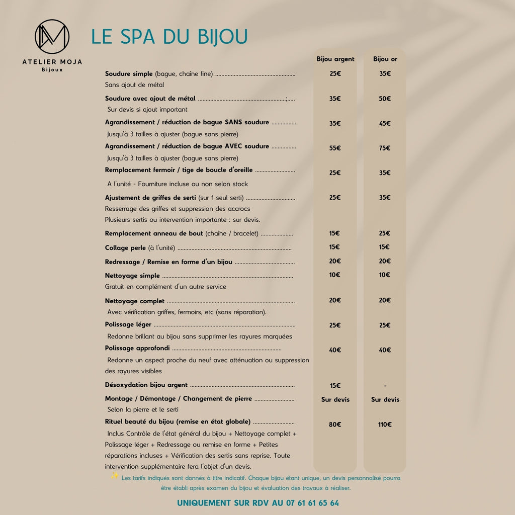 Grille tarifaire des réparations, remises en état et entretien de bijoux...